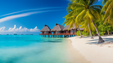 Tropical paradise with wooden boardwalk leading to overwater bungalows in clear turquoise lagoon under a bright blue sky
