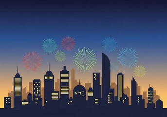 Vibrant fireworks illuminate a modern city skyline at dusk, setting a festive urban celebration scene
