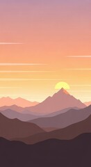 Serene flat design mountain landscape illustration at tranquil sunset with warm gradient sky and minimalist style