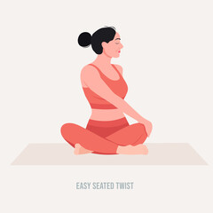Pixel Art Of A Woman In Coral Athletic Wear Performing A Seated Spinal Twist Yoga Pose On A Light Beige Yoga Mat In A Minimalist Setting