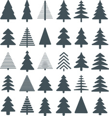 Collection of thirty minimalist black Christmas tree icons with geometric and line art designs for festive holiday vector decoration