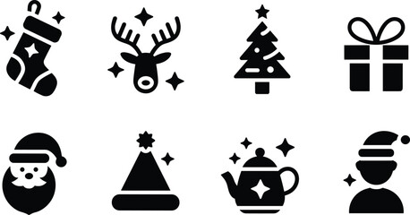 Naklejka premium Minimalist black and white Christmas icon pack featuring tree, reindeer, stocking, Santa, gift box, hat, and teapot designs