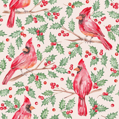 Christmas pattern hand drawn with watercolor. Red cardinal bird sitting on holly branches. Surface pattern for festive textile, fabric, wrapping paper
