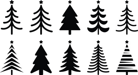 Minimalist black Christmas tree silhouette collection featuring modern geometric and decorative designs with stars, simple shapes, and festive holiday style