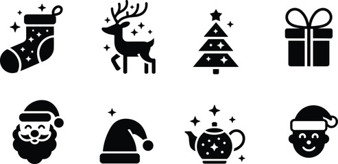 Minimalist black and white Christmas icon pack featuring tree, reindeer, stocking, Santa, gift box, hat, and teapot designs
