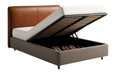 Contemporary double bed with lift-up storage and a leather headboard for shoes.