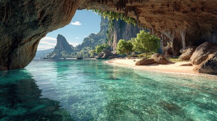 Hidden Tropical Paradise - Secluded Cave Opening to Pristine Beach, Turquoise Waters, and Towering Limestone Karsts.
