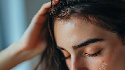 Fototapeta premium A close-up of a woman examining her hair and scalp, concerned about dandruff, dryness, or irritation. Represents hair care problems and scalp health.