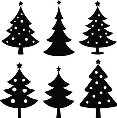 Set of six minimalist black Christmas tree icons with decorative dots and stars for holiday vector design and festive artwork