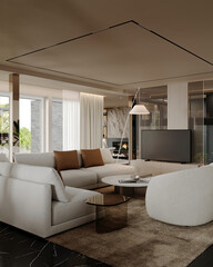 Luxurious living room featuring elegant, comfortable furniture with a modern design. Ideal for interior design, home decor, and contemporary living spaces.