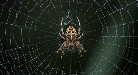 Spider web intricate design against dark backdrop featuring detailed arachnid