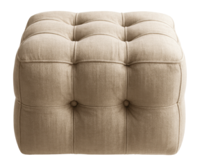 A tufted linen pouf with a timeless design, perfect for traditional bedrooms.