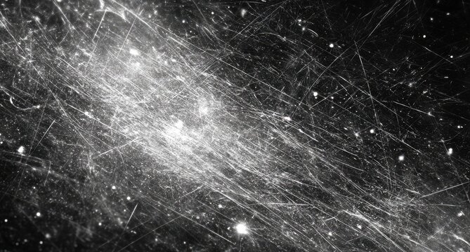 Monochrome close-up of a heavily scratched, textured surface with bright light streaks