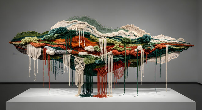 A large and intricate textile art sculpture resembling a floating island or cloud made with various weaving and macrame techniques