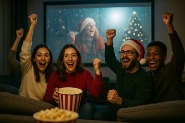Friends celebrate Christmas movie night with popcorn and festive cheer