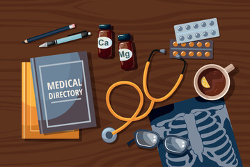 Image Diagnostic Healthcare Tools. Medical Stethoscope, Chest X Ray, pills, textbooks and glasses on table. Top view.