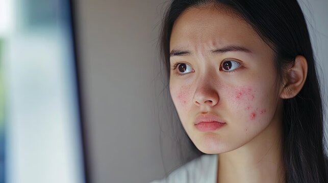 A young Asian woman looks in the mirror, concerned about acne and pimples on her face. Concept for skin problems, dermatology, self-esteem, and skincare.