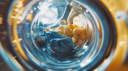 Close-up view inside a spinning washing machine drum with colorful clothes tumbling in water. Concept for laundry, cleaning, housework, and hygiene.
