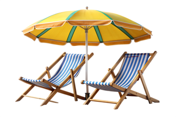  beach chairs and umbrella on the beach isolated on white background ,PNG. AI Generated