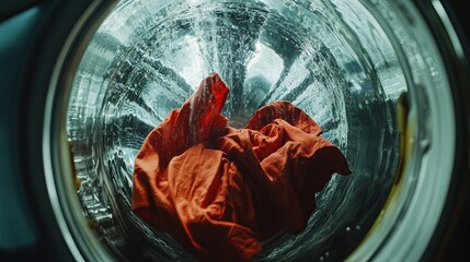Close-up view inside a spinning washing machine drum with colorful clothes tumbling in water. Concept for laundry, cleaning, housework, and hygiene.