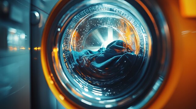 Close-up view inside a spinning washing machine drum with colorful clothes tumbling in water. Concept for laundry, cleaning, housework, and hygiene.