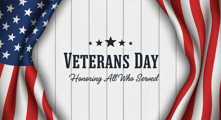Veterans Day tribute banner with American flags on a white wooden background for holiday celebration