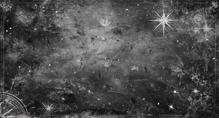 This is a monochrome, grunge-textured cosmic background with scattered stars and bright bursts