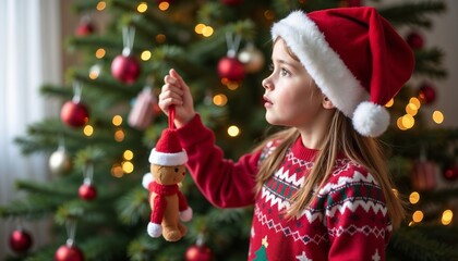 A young girl with long brown hair wears a red Christmas hat and a festive sweater. She holds a gingerbread ornament in front of a decorated Christmas tree.