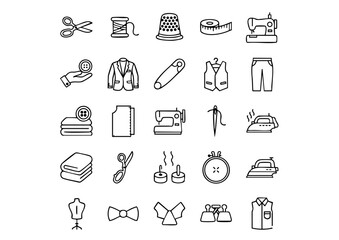 Monochrome Tailor and Sewing Professional Vector Icons, Apparel and Alterations Graphic Design Symbols, Black and White Craft & Garment Maker Icon Set
