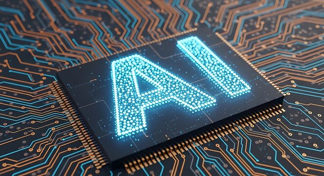 motherboard with ai written on it. Concept AI (Artificial Intelligence) technology, chip IC on PCB, PCB circuit board