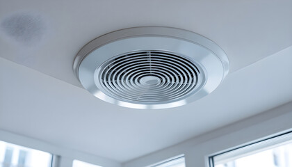 Obraz premium Ceiling ventilation shaft. Vents grille. Ventilation pipe for air intake. Shafts for oxygen purification in room. Ventilation shaft for air filtration. Air conditioning equipment