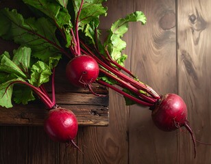Three vibrant red beets with green leaves sit on a wooden surface