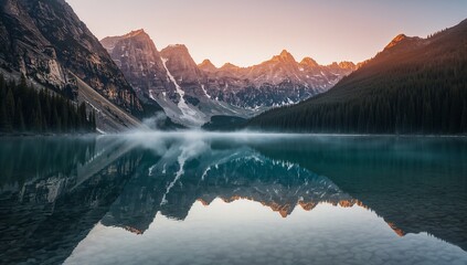 Breathtaking mountain range reflecting in serene lake at sunrise creating a peaceful and majestic landscape perfect for travel and adventure campaigns