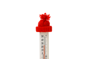 Red hat on a thermometer showing temp, isolated on white, PNG