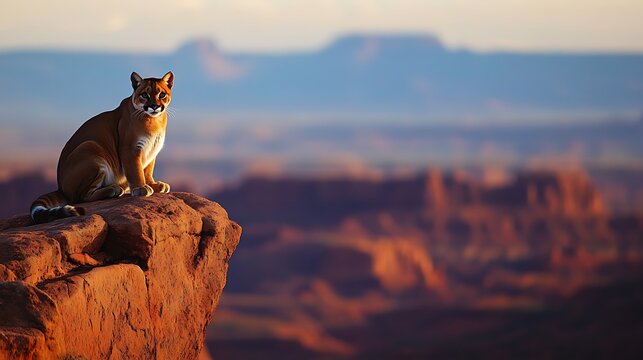 Majestic mountain lion perched on a rocky outcrop, surveying the vast canyon landscape at sunrise, a symbol of wilderness and resilience
