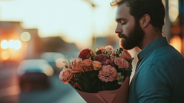 A dejected and sad man holds a bouquet of flowers, realizing he has been stood up or rejected. Conveys disappointment, loneliness, and unrequited love.