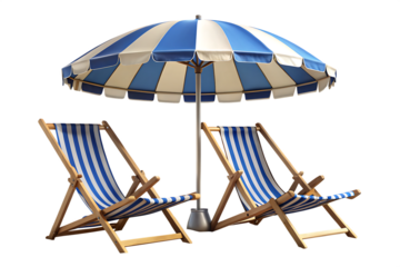  beach chairs and umbrella on the beach isolated on white background ,PNG. AI Generated