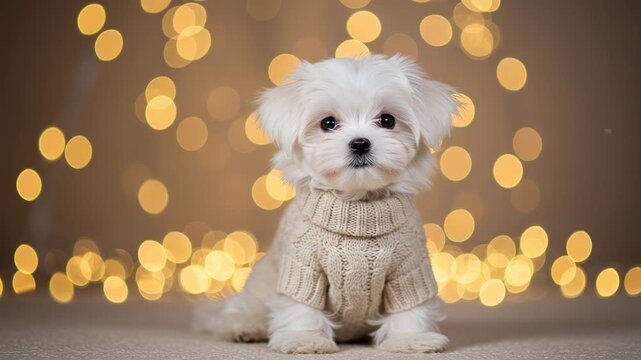 Cute maltese puppy wearing a knitted sweater with bokeh lights