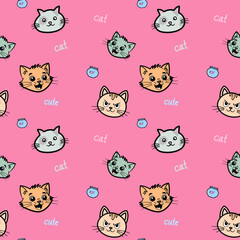 Obraz premium A fun, seamless vector pattern featuring colorful cartoon cat faces with varying expressions and small fishbowl icons on a soft pink background. Perfect for children's, pet, or textile design.