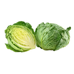 Fresh green cabbage whole and halved isolated on a solid background