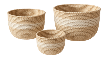 Woven basket set for coastal hallways, ideal for beach towels or flip-flops.
