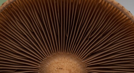 Close Up of Brown Mushroom Gills Showing Texture and Detail in Natural Lighting
