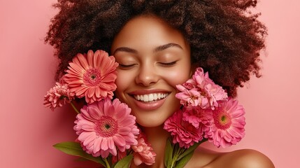 Naklejka premium A happy, smiling woman holding a colorful bouquet of fresh flowers. A concept of beauty, spring, celebration, and receiving a thoughtful gift.