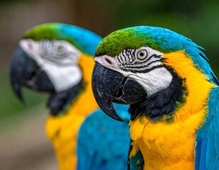 Two vibrant macaws, side profiles, displaying striking blue and yellow plumage