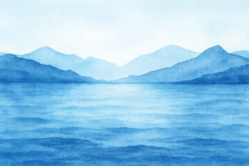 watercolor blue lake with mountains background
