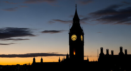 The iconic silhouette of the Big Ben clock tower in London against a beautiful orange and blue sunset sky