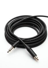 Black Audio Cable with 3.5mm Jack Connector on White Background for Audio Equipment