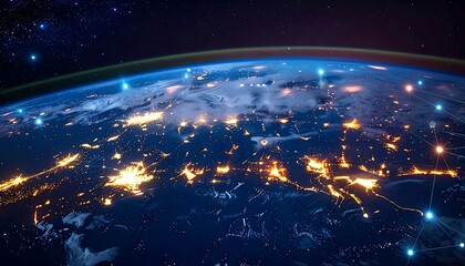 Vivid view from space showcasing Earth with glowing cities, and connecting digital nodes