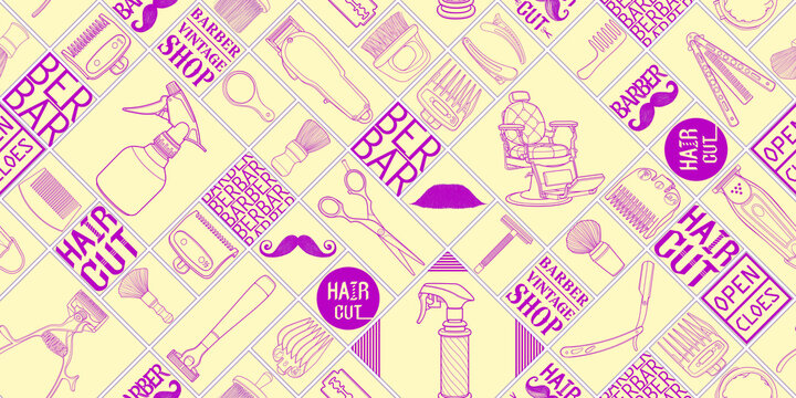 Seamless barber tools shop icon set logo illustration sign for long pattern and blackground.