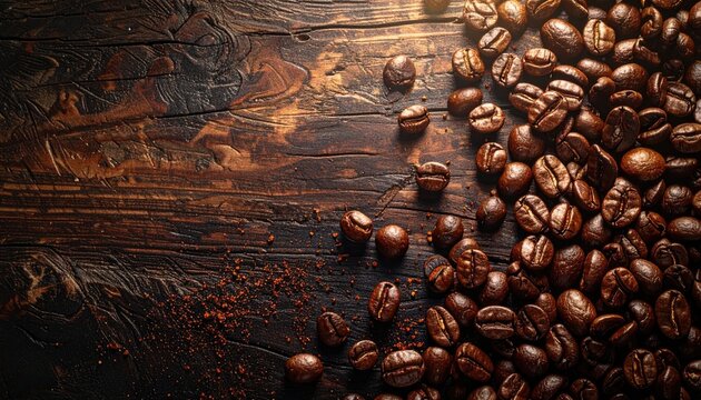 Close Up of Roasted Coffee Beans Scattered on a Textured Dark Wooden Surface with Glimmering Highlights